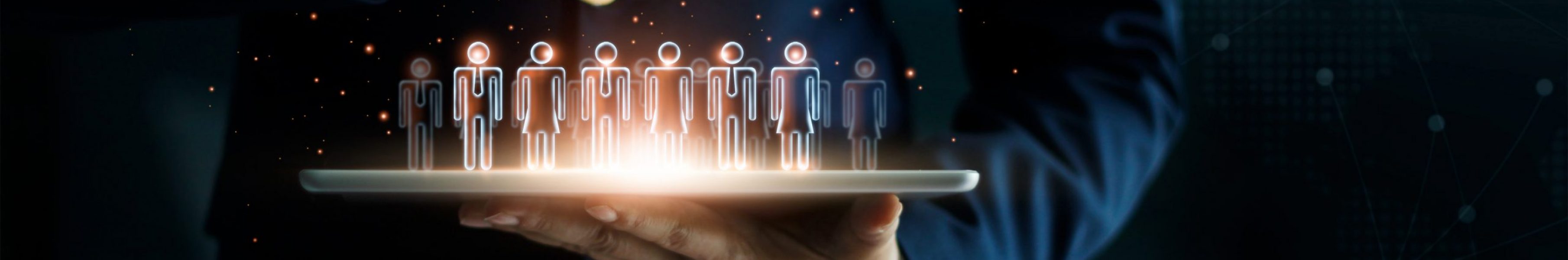 Businessman holding tablet and management group of people in his hand. Virtual icon of social network. Business technology concept.